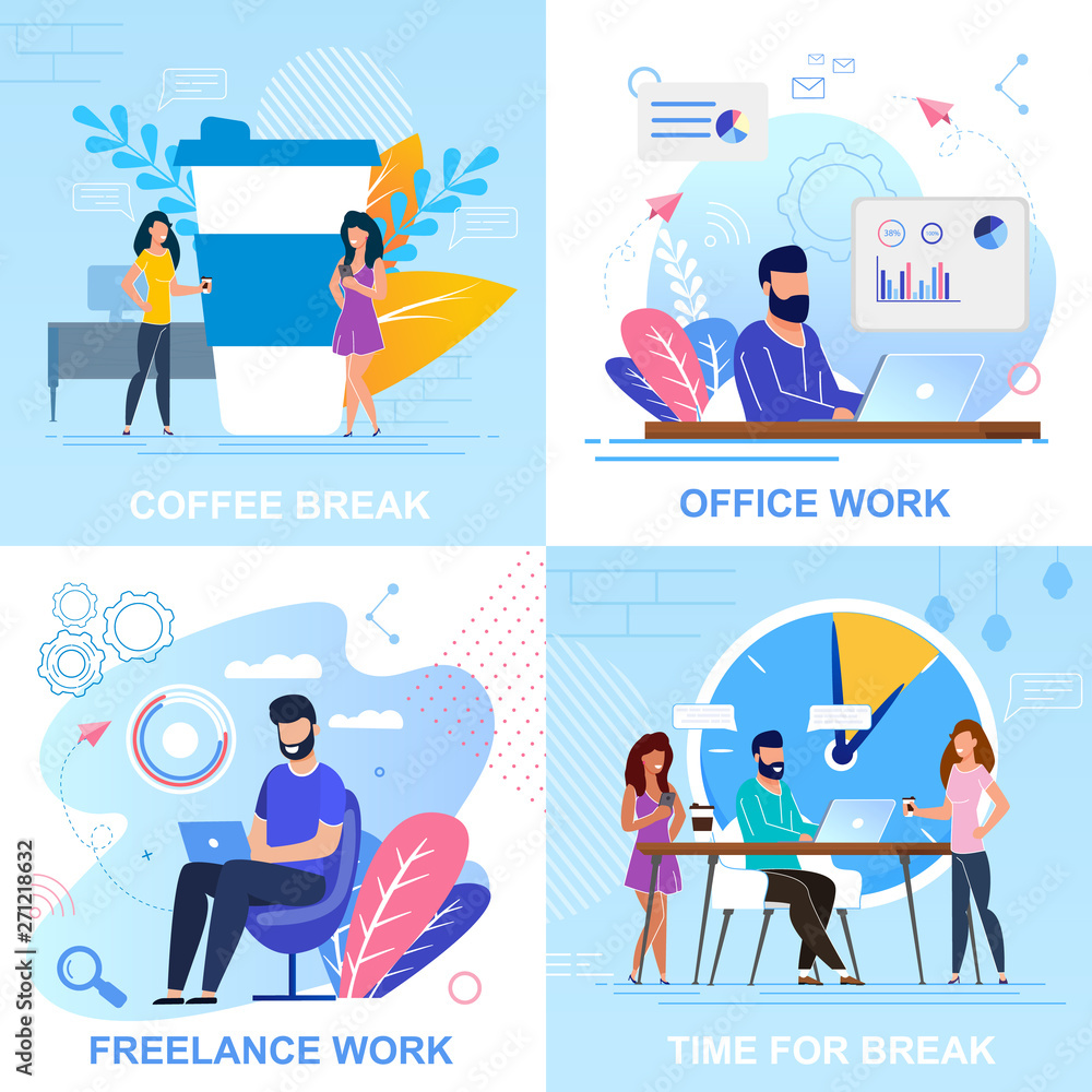 Set Flat Banner Coffee Break, Office Work Cartoon. Set Flat Banner Coffee Break, Office Work Cartoon.