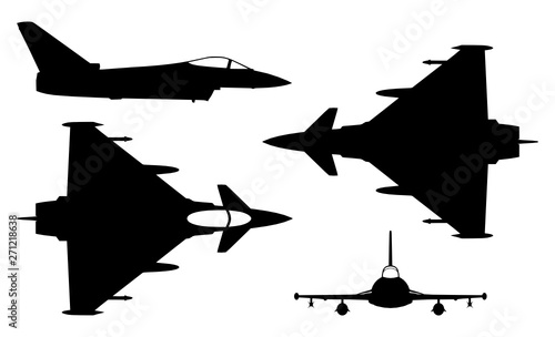 Vector high quality illustration silhouette of the multirole aircraft Eurofighter isolated on white background photo