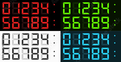 Vector complete set of led style digital clock numbers (0-9) in four different color combinations