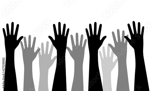 Flat and elegant graphic style vector concept illustration of different multiracial raised hands isolated on white background