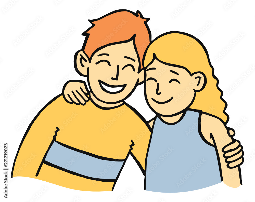 Vector cartoon style illustration of a happy boy and a cute smiling girl hugging Vector cartoon style illustration of a happy boy and a cute smiling girl hugging