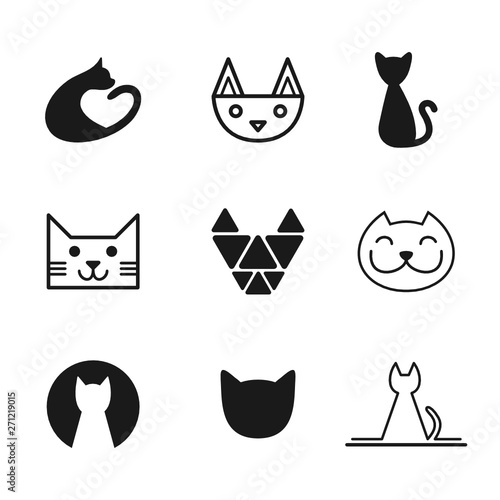 Vector set of flat style monochromatic logos with cat in many different styles