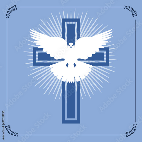 Vector illustration of christian cross and radial light with flying white dove representing the concept of peace and brotherhood