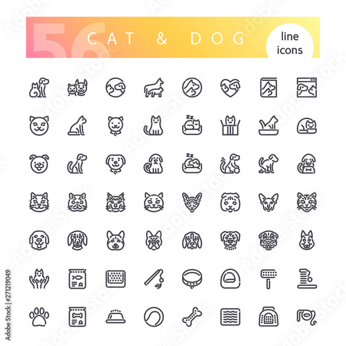 Set of 56 cat and dog line icons suitable for web, infographics and apps. Isolated on white background. Clipping paths included.