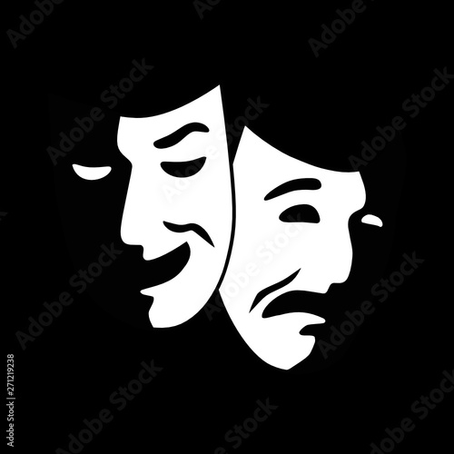 High quality vector illustration of white theater masks sign representing comedy and drama isolated on black