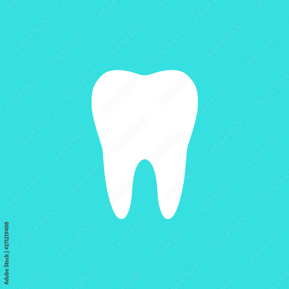 Vector flat simple style illustration of a white tooth silhouette icon isolated on blue backdround - medical, dentist related graphic Vector flat simple style illustration of a white tooth silhouette icon isolated on blue backdround - medical, dentist related graphic
