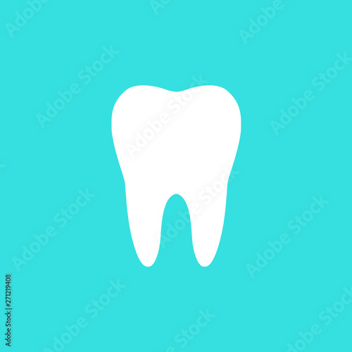 Vector flat simple style illustration of a white tooth silhouette icon isolated on blue backdround - medical, dentist related graphic 