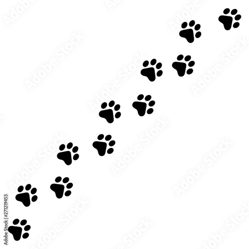 Vector high quality illustration of paw prints silhouette making a path on the ground - isolated on white background