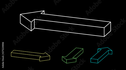 3d Arrow sign set. Isolated on black. Vector outline. Dimetric projection.