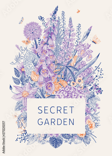 Secret Garden. Flower frame. Bouquet. Vintage vector botanical illustration. Warmcold. Violet and orange.