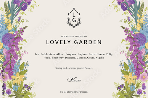 Lovely Garden. Vector horizontal card. Vintage floral elements. Spring and summer garden flowers