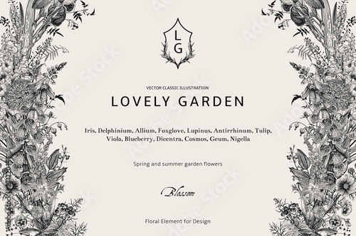Lovely Garden. Vector horizontal card. Vintage floral elements. Spring and summer garden flowers. Black and white