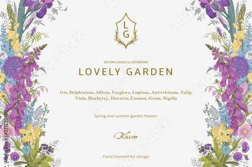 Lovely Garden. Vector horizontal card. Vintage floral elements. Spring and summer garden flowers