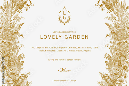 Lovely Garden. Vector horizontal card. Vintage floral elements. Spring and summer garden flowers. Gold and white