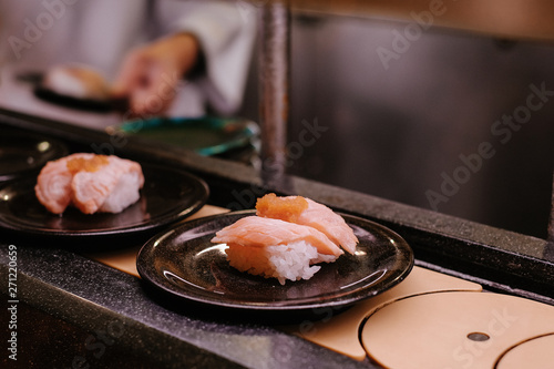 Photography Conveyor belt sushi Japanese food Raw fish dishes