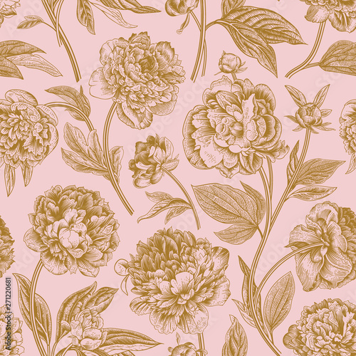 Seamless pattern. Classic peonies. Vector botanical illustration. Coral and gold
