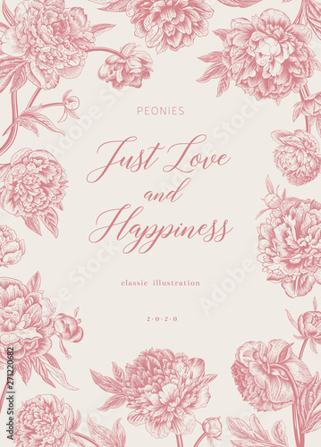 Vintage vector floral illustration. Wedding invitation. Peonies. Coral and white