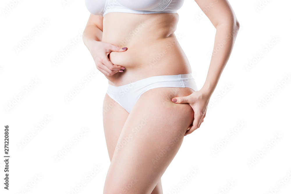 Overweight woman with flabby belly and fat hips, obesity female body isolated on white background