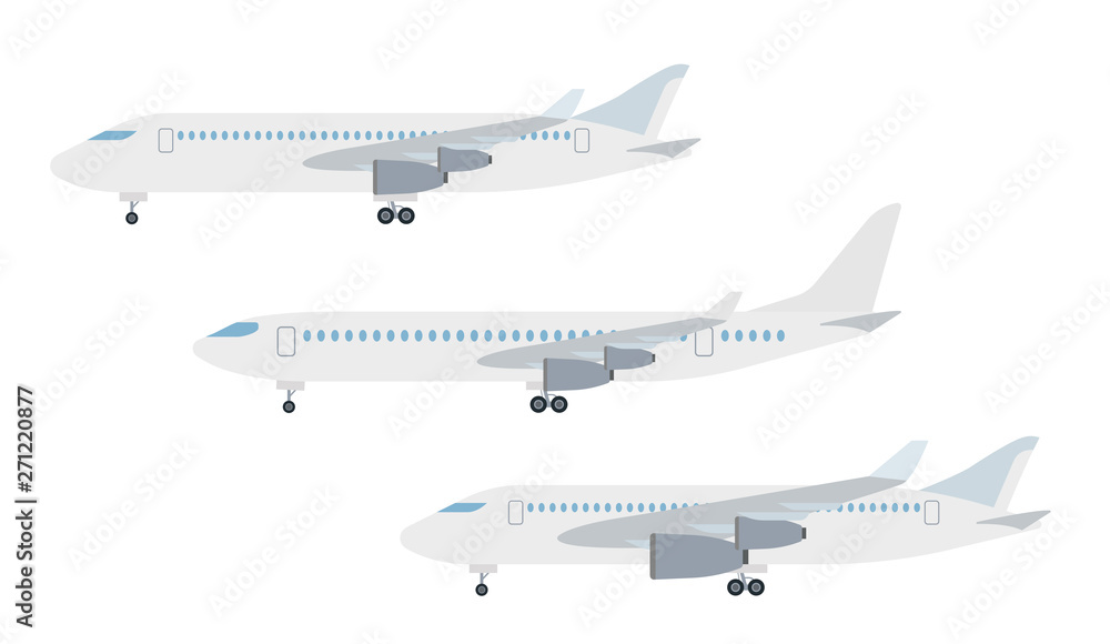 Cartoon picture of different aircraft, airplane, airliner. Vector illustration. White background.