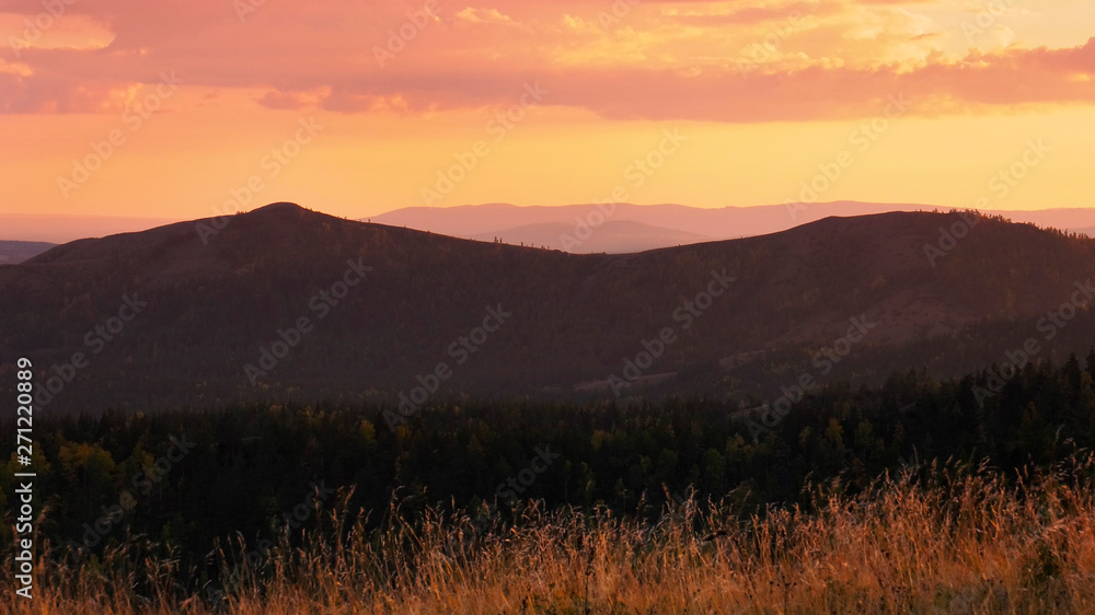 South Urals. Autumn mountains at sunset.