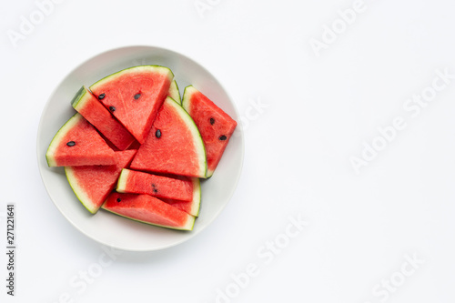 Summer fruit, Slices of watermelon on white plate isolated on white background