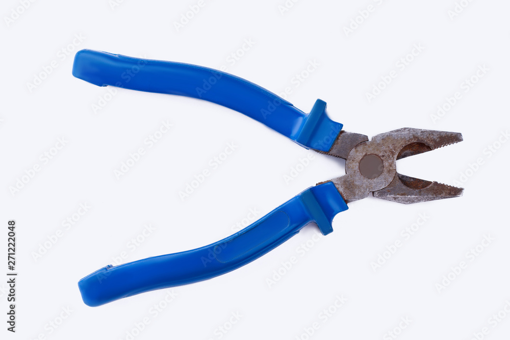 Pliers with blue handle on white background. Tool for repair. Pliers with blue handle on white background. Tool for repair.