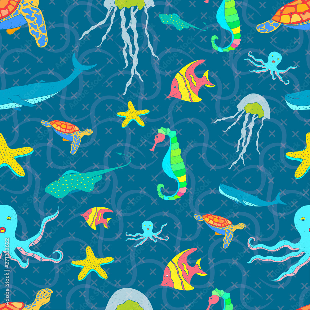 pattern seamless set of sea animal. world ocean day. doodle hand drawing colorful design style. vector illustration eps10