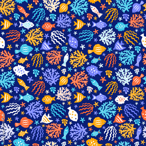 Sea style seamless pattern of paper cutout marine design elements. Endless funny cartoon background for kids cloth textile print, wallpaper, wrapping. EPS 10 vector illustration