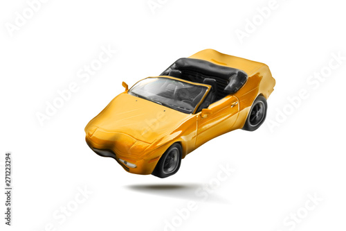 Yellow car accident with damage scene- transport and traffic accident concept- Isolated on white background