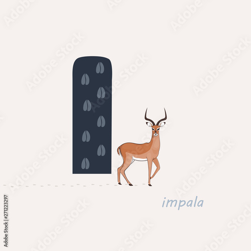 Vector illustration. Blue letter I with impala's footprints, a cartoon impala. Animal alphabet. photo