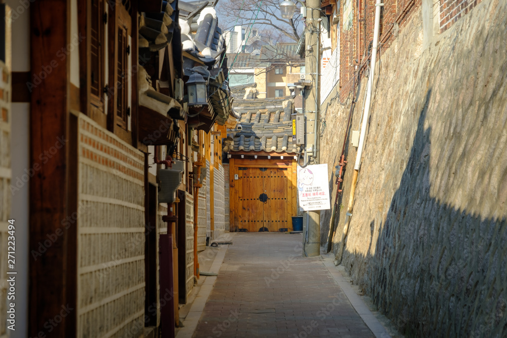 Alley in Bukchon Hanok village in Seoul, Korea
