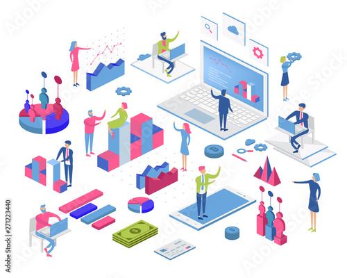 mobile application and web design development process for responsive device concept .with group business team working and project brainstorming .with isometric flat cartoon character design.