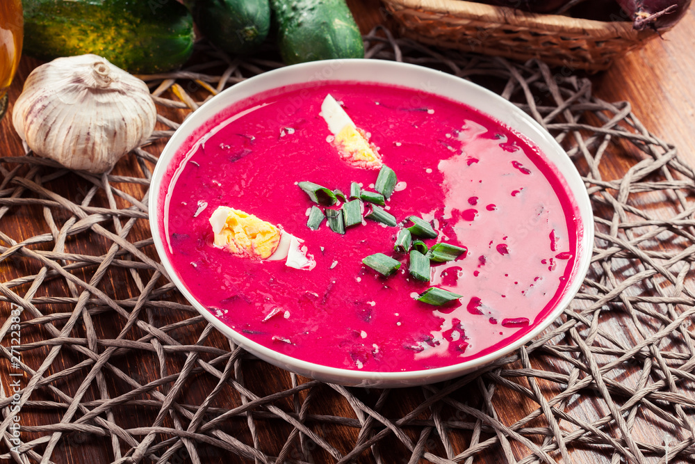 Cold beet soup with egg, cucumber and greens Cold beet soup with egg, cucumber and greens