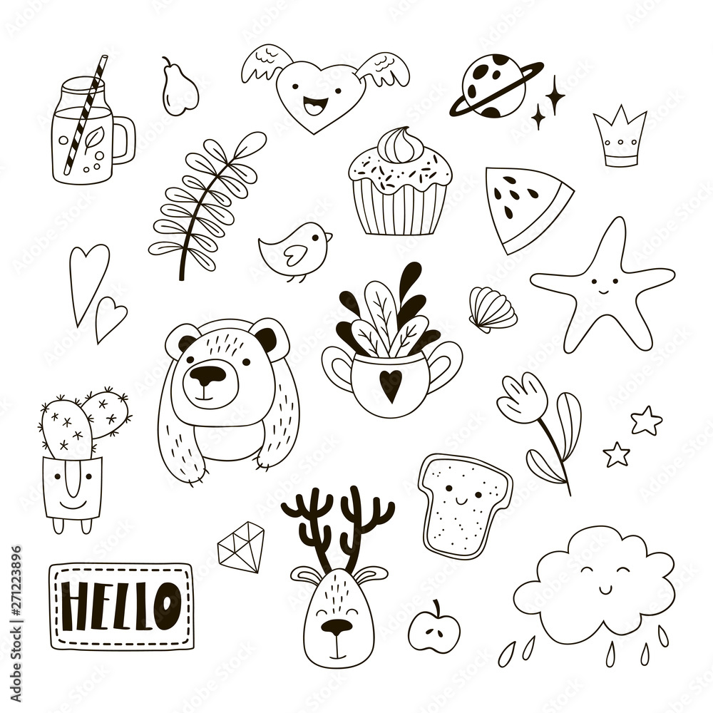 Set of cute childish doodles. Black and white vector clipart. Stock ...