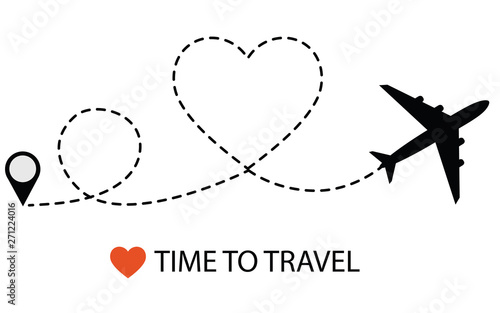 Vector concept illustration with airplane and heart path in the sky