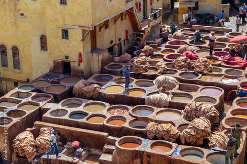 Aerial view of the colorful leather tanneries of Fez, Morocco