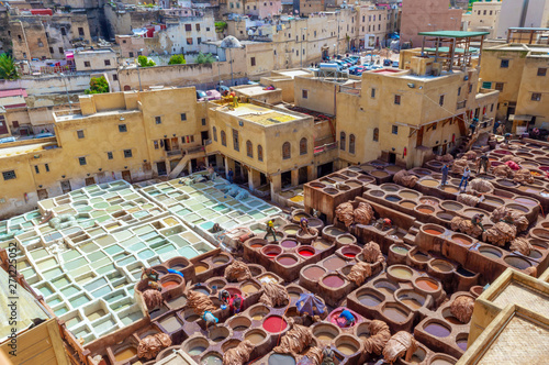 Aerial view of the colorful leather tanneries of Fez, Morocco