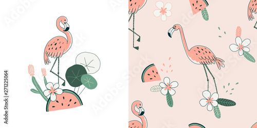 Flora and fauna seamless pattern. Flamingo hand drawn illustration. Exotic bird with sliced watermelon. Decorative textile, wallpaper, wrapping paper design. Wild animal t-shirt print