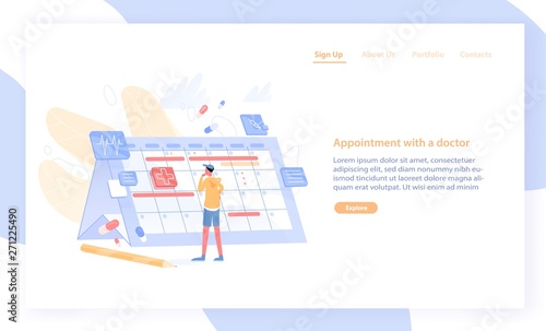 Website or web banner template with man looking at giant calendar and choosing date to visit physician. Online doctor appointment scheduling service. Flat cartoon vector illustration for promotion.