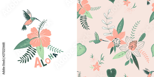 Tropical flowers vector color seamless pattern. Aloha hand drawn lettering. Flying colibri. Orchids and hibiscus. Hummingbird t-shirt print. Decorative textile, wallpaper, wrapping paper design