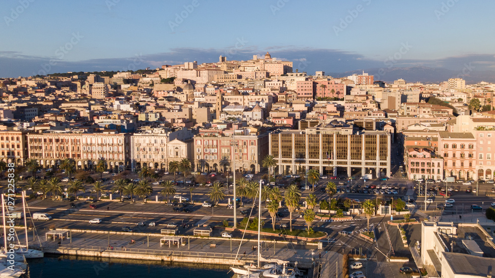 Aerial view of a Sardinia sea town with port and palm trees