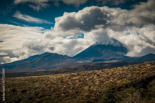 Mount Ngauruhoe wrapped in clouds in Tongariro National Park, New Zealand North Island