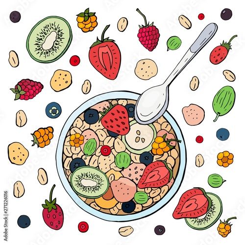 Healthy breakfast made from muesli with fruits and berries on a white plate. Oatmeal with fruit