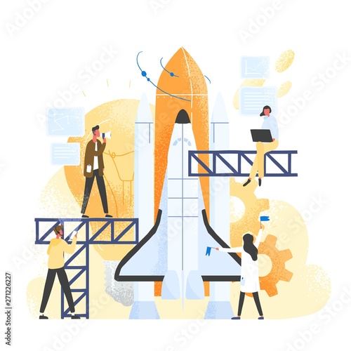Group of people preparing spaceship, spacecraft, rocket or shuttle for space travel or mission. Clerks working together on startup company or business project launch. Modern flat vector illustration.