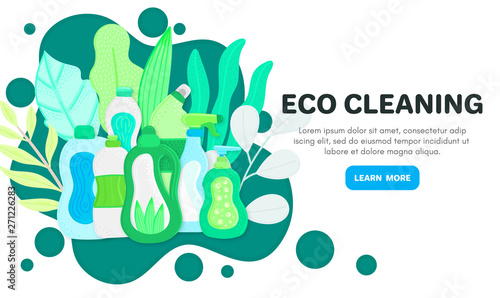 Vector background with eco friendly household cleaning supplies. Natural detergents. Landing page template. Products for house washing. Green home. Online store. Banner, mailing, advertising, label