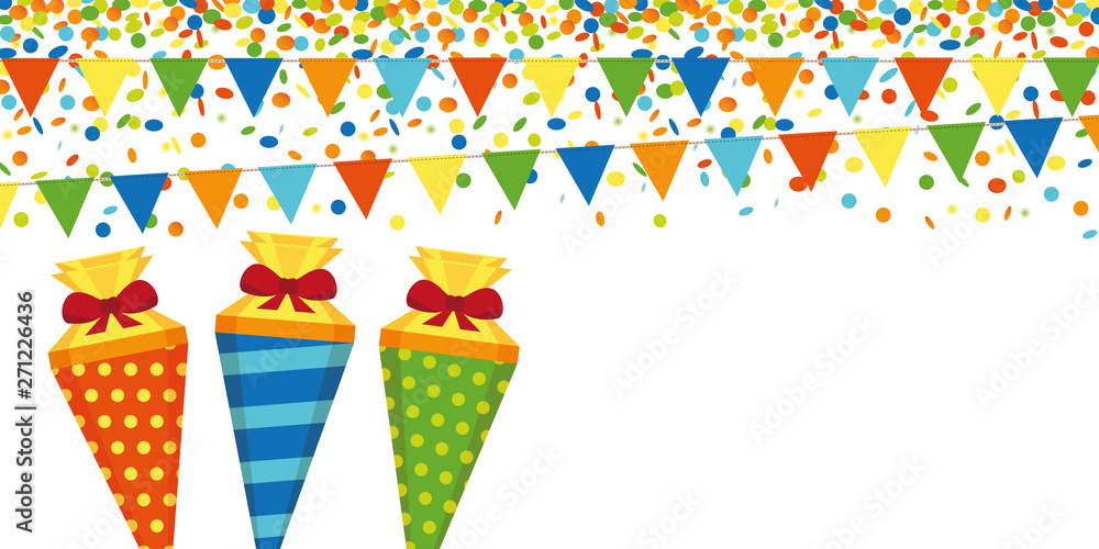 colorful confetti rain party flags and school cone on white background vector illustration EPS10