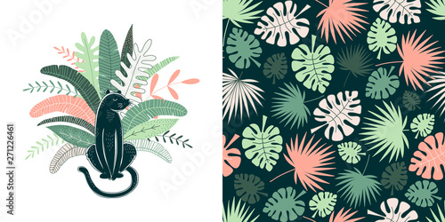 Tropical leaves vector seamless pattern. Panther hand drawn illustration. Decorative textile, wallpaper, wrapping paper design. Monstera, palm leaf. Wild animal t-shirt print
