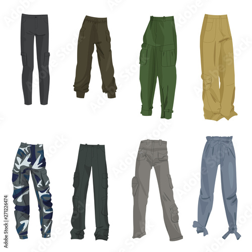 A set of fashionable in 2019 pants for a girl, in the style of cargo, joggers, etc. Isolated on white background.