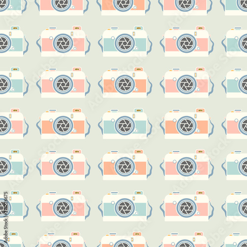 Illustration for poster, banner or card of a pink compact camera with a gold strap isolated on a blue background. Give me a smile. Paper cut style. Vector illustration