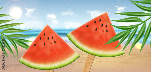 Watermelon slices Vector realistic. Summer tropic seaside view background. 3d...